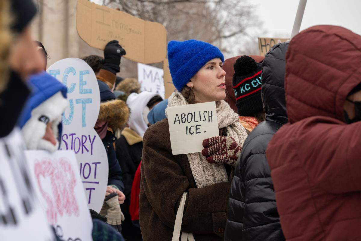 Protesters gathered at the World War I Museum and Memorial to rally against recent ICE actions across the U.S. and in Kansas City on Friday, Jan. 30, 2026.
