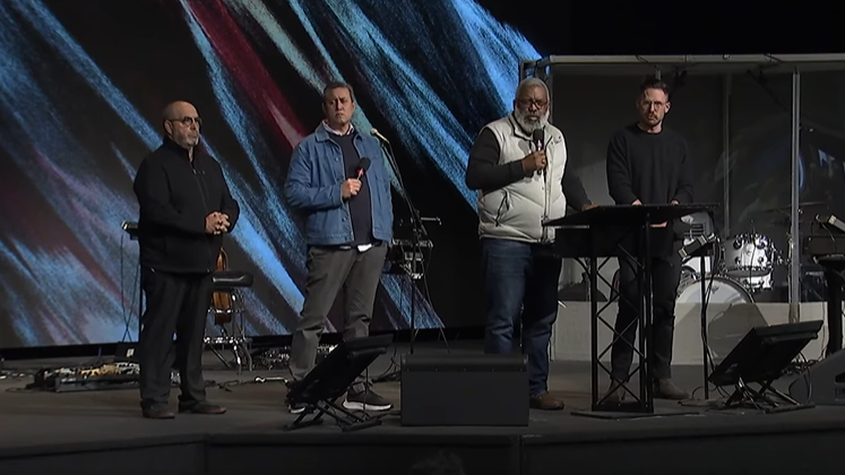 IHOPKC leaders announce sexual abuse allegations against founder Mike Bickle on Oct. 29, 2023. Left to right: Lenny La Guardia, David Sliker, Stuart Greaves and Isaac Bennett.