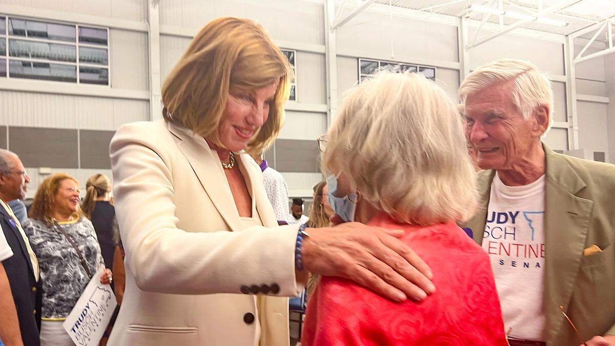 Trudy Busch Valentine greets supporters at her election watch party Tuesday, August 2, 2022, in St. Louis after the won the Democratic nomination for U.S. Senate in Missouri. She will face GOP nominee Eric Schmitt in the general election in November.