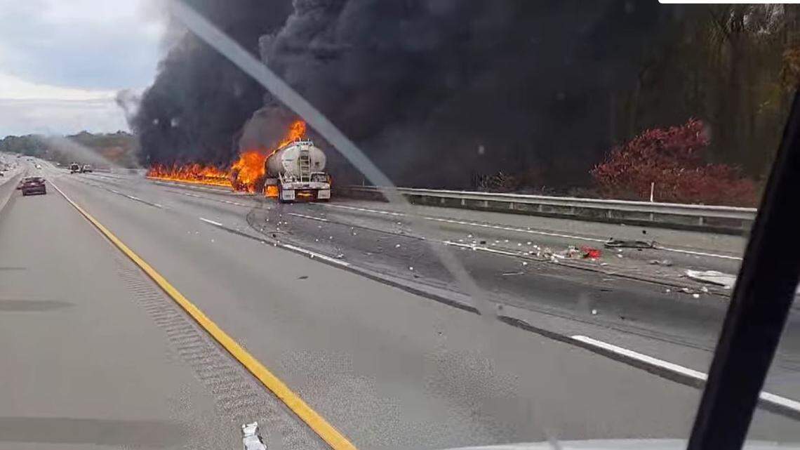 Three people are dead and one is injured after a tanker truck carrying jet fuel crashed into two vehicles on the Pennsylvania Turnpike, according to authorities.