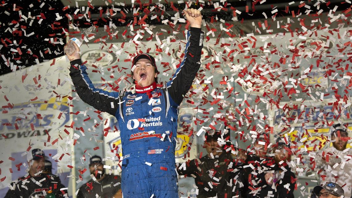 Sheldon Creed celebrated his victory in the ARCA Kansas 150 and his season championship on Friday night, Oct. 19, 2018 at the Kansas Speedway.