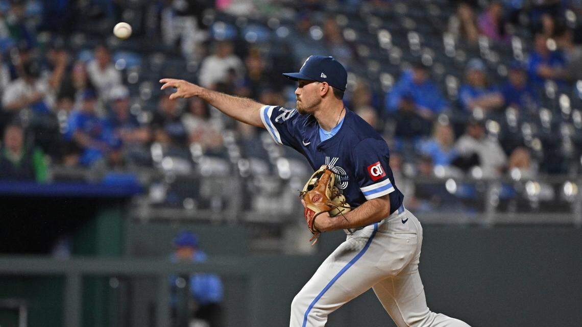Kansas City Royals second baseman Nick Loftin (12) delivers a pitch in the ninth inning against the San Diego Padres at Kauffman Stadium on Friday night.