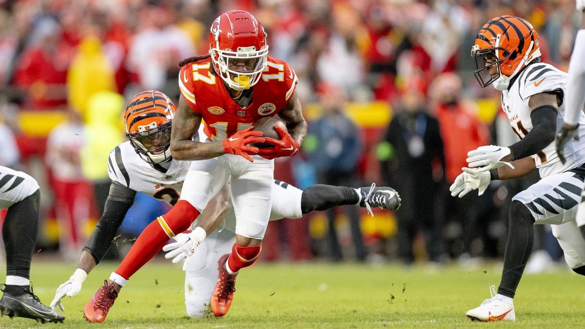 Kansas City Chiefs wide receiver Richie James (17) runs with the ball against the Cincinnati Bengals during an NFL football game at GEHA Field at Arrowhead Stadium on Sunday, Dec. 31, 2023, in Kansas City.