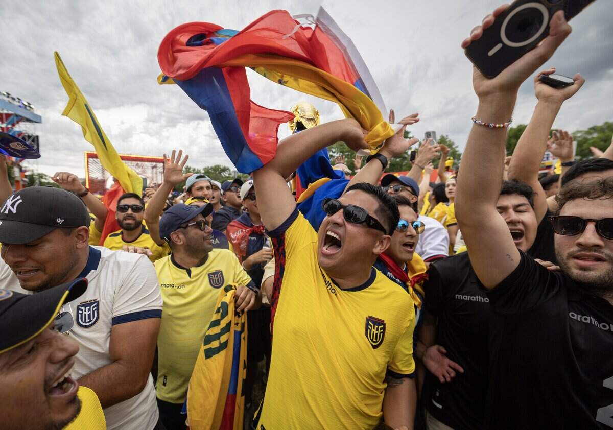 Ecuador fans rally on Friday night at the FIFA Fan Festival at Liberty Memorial. Ecuador takes on Curaçao during group stage play at Kansas City Stadium on Saturday.