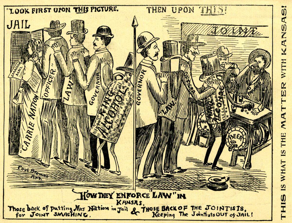 Cartoon in the August-September 1901 issue of The Smasher’s Mail mocking Kansas politicians’ and law enforcement’s ties to “King Alcohol.”