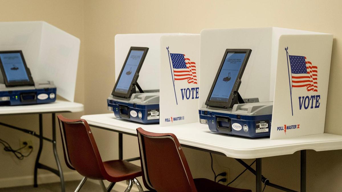 Voting machines sit inside of a polling location on Friday, March 29, 2024, in Independence, Missouri.