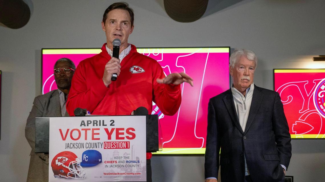Mark Donovan, president of the Kansas City Chiefs, spoke after voters rejected the 40-year, 3/8th-cent sales tax which would have helped pay for a new Royals stadium in the Crossroads and renovations to the Chiefs’ Arrowhead Stadium. Sly James, former mayor of Kansas City, and John Sherman, Royals owner looked on during a watch party at J. Rieger & Co., on Tuesday, April 2, in Kansas City.
