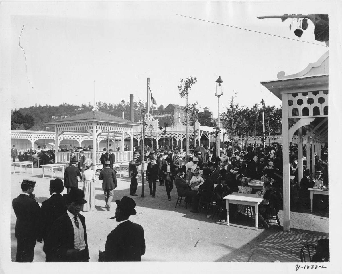 Visitors mill around the German Village at the original Electric Park in the East Bottoms, 1900