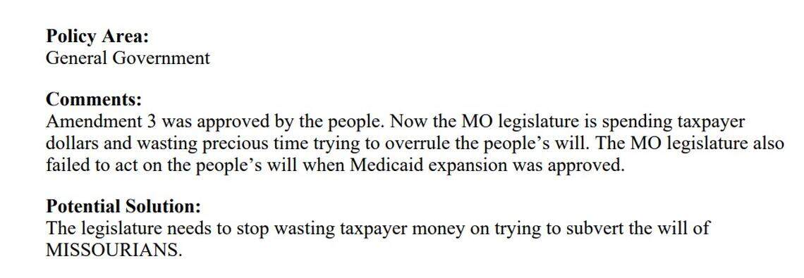 Screenshot of a message sent to the Missouri DOGE portal, highlighting support of Amendment 3.