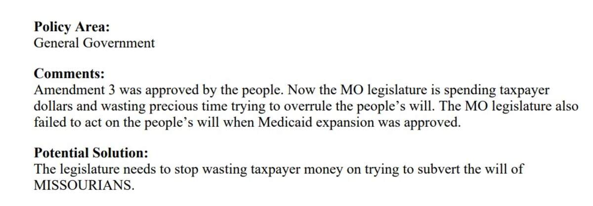 Screenshot of a message sent to the Missouri DOGE portal, highlighting support of Amendment 3.