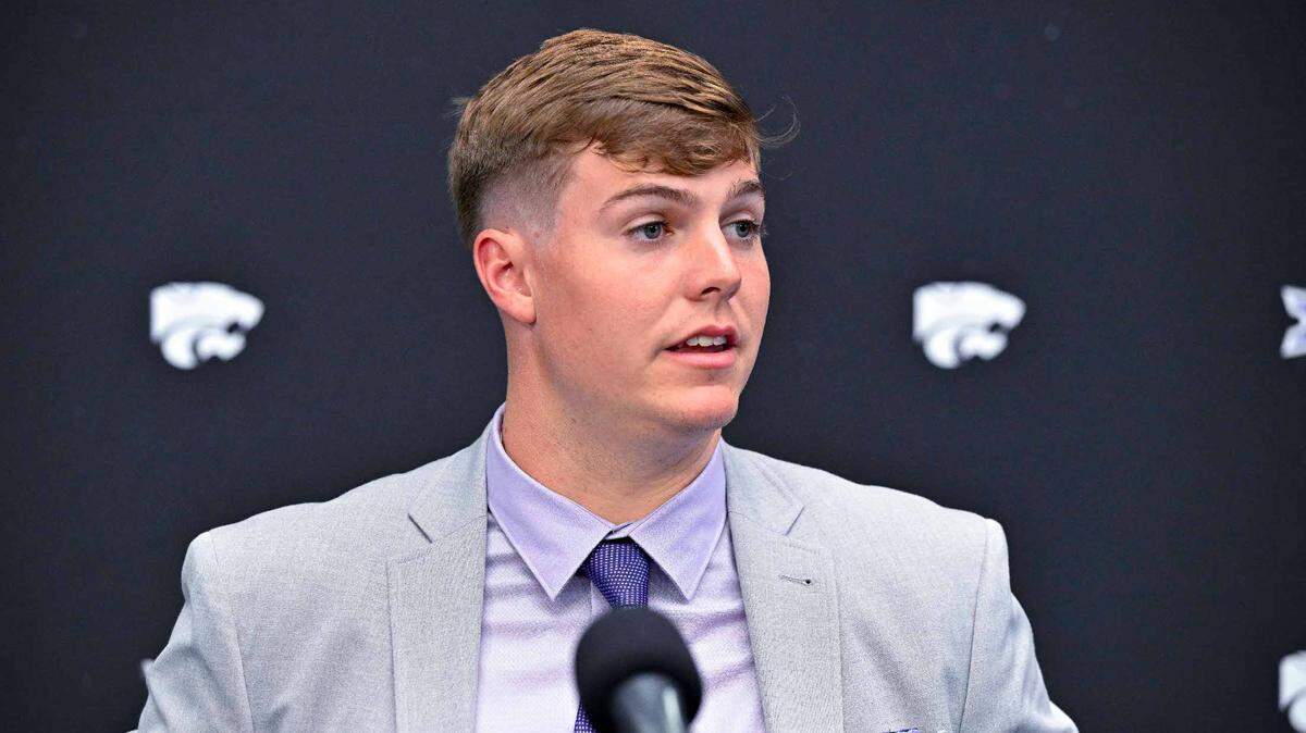 Kansas State Wildcats quarterback Will Howard is interviewed during Big 12 football media days at AT&T Stadium in Arlington, Texas, on July 13, 2023.