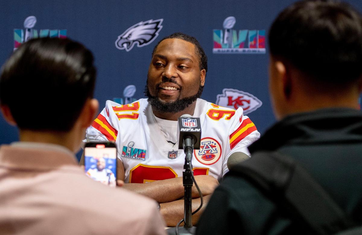 Kansas City Chiefs defensive tackle Derrick Nnadi speaks during the team’s media availability on Thursday, Feb. 9, 2023, in Scottsdale, Ariz.