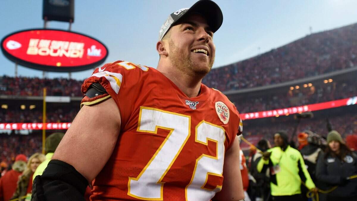 Kansas City Chiefs offensive tackle Eric Fisher (72) was all smiles after the Chiefs’ captured the AFC Championship by defeating the Tennessee Titans, 35-24, Sunday, Jan. 19, 2020, at Arrowhead Stadium in Kansas City.