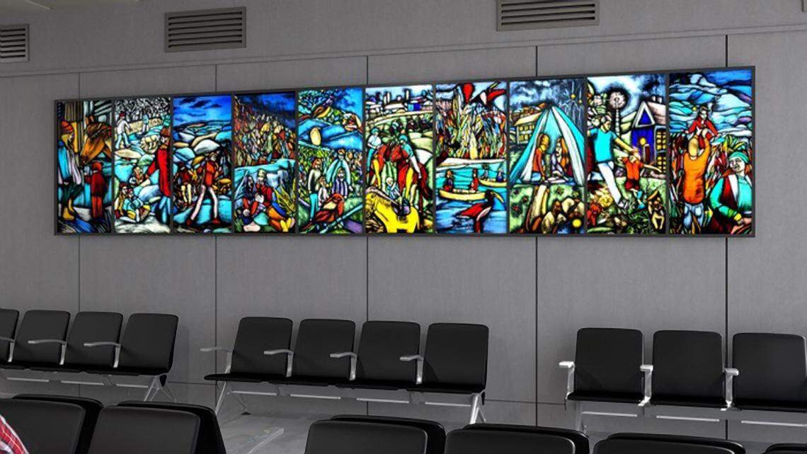 Hasna Sal hopes the narrative embedded in her painted glass art ““Nostalgia” will help travelers understand and appreciate the extraordinary members of their ordinary lives as a community. Her artwork will be installed in one of the departure lounges in Concourse A and B at the new terminal.