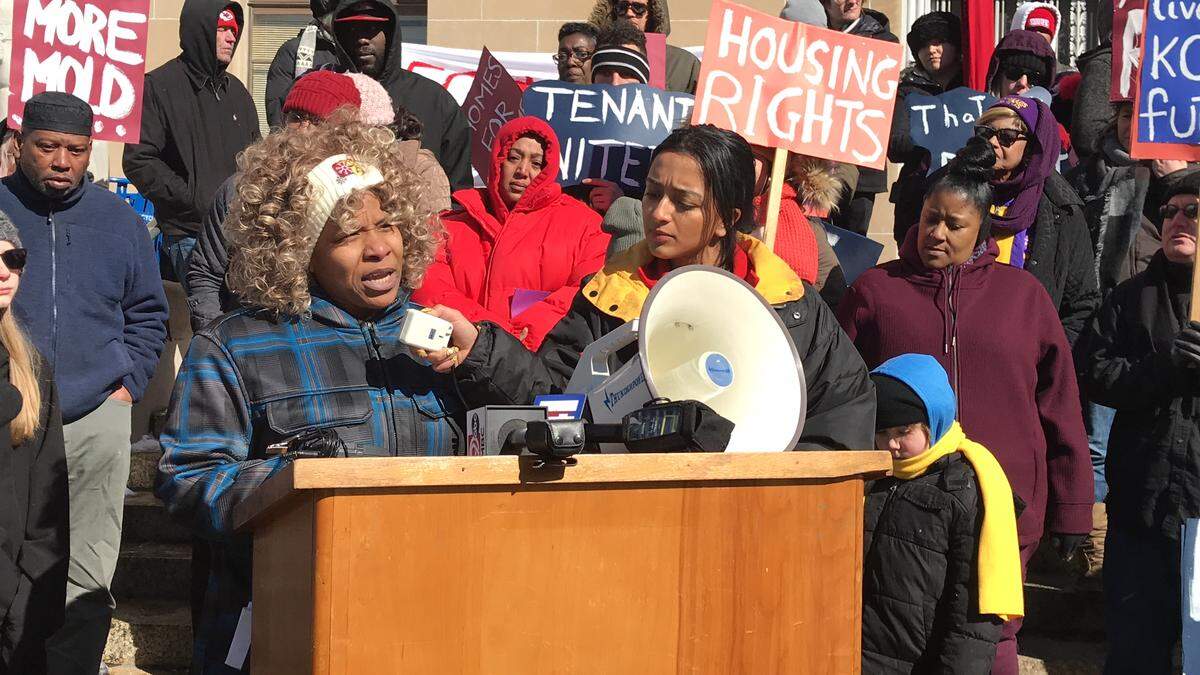 Tiana Caldwell spoke at a press conference earlier this year announcing KC Tenants’ housing policy platform.