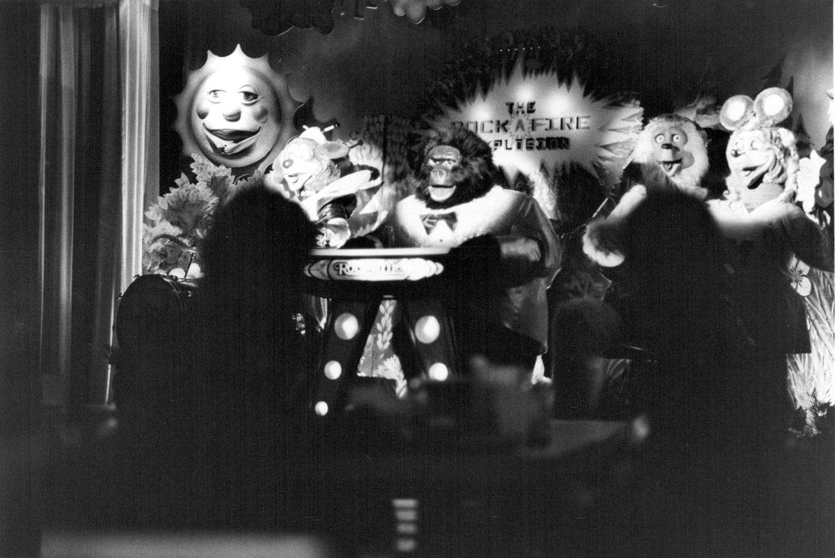 The Rock-A-Fire Explosion, a four-piece mechanical band that includes Fatz the gorilla, Beach Bear and Dook La Rue the dog, performs at one of the Kansas City area Show Biz Pizza Place restaurant-entertainment centers in 1984.