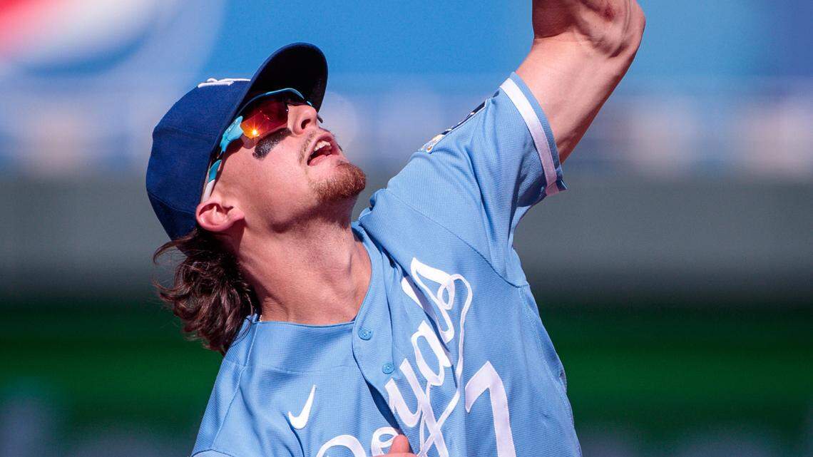 Kansas City Royals shortstop Bobby Witt Jr. (7) grabs a pop fly during the fifth inning against the Colorado Rockies at Kauffman Stadium on June 3, 2023.