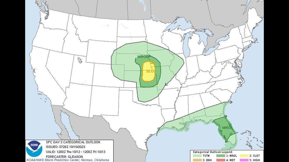 There is a slight risk of severe thunderstorms across parts of the central Plains Thursday evening, according to the National Weather Service’s Storm Prediction Center. An area that includes Omaha and Lincoln, Nebraska, as well as Topeka, Lawrence and St. Joseph face a higher risk of severe weather than an area that includes Kansas City and Wichita.