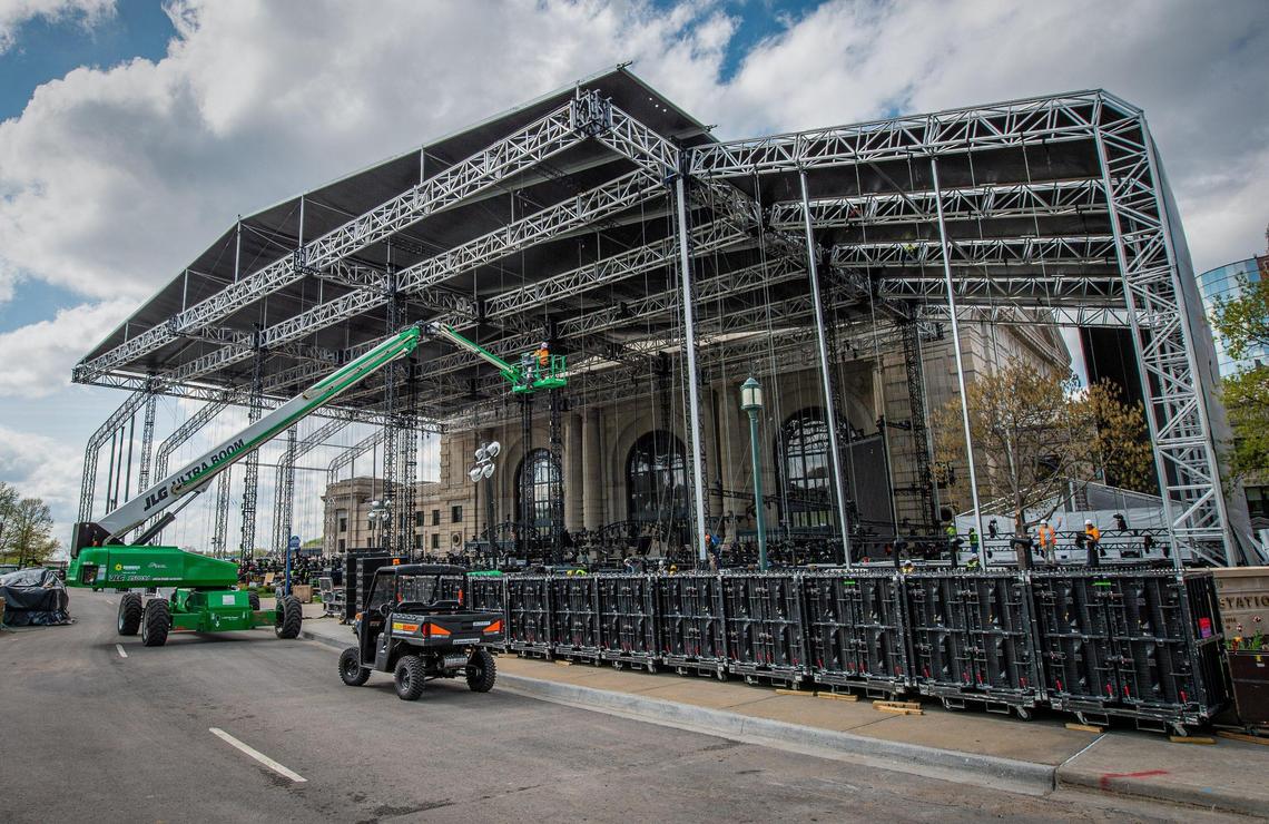 The giant stage under construction in front of Union Station will be the location for the NFL Draft ceremonies which start on April 27.