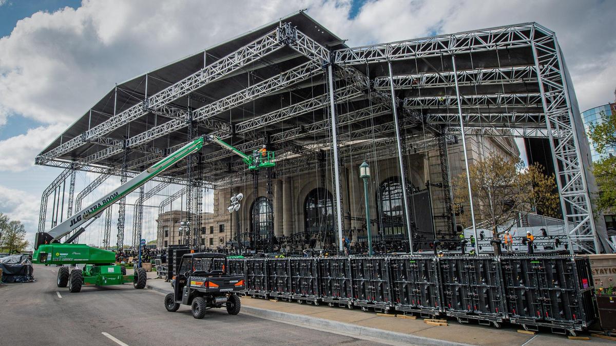 The giant stage under construction in front of Union Station will be the location for the NFL Draft ceremonies which start on April 27.