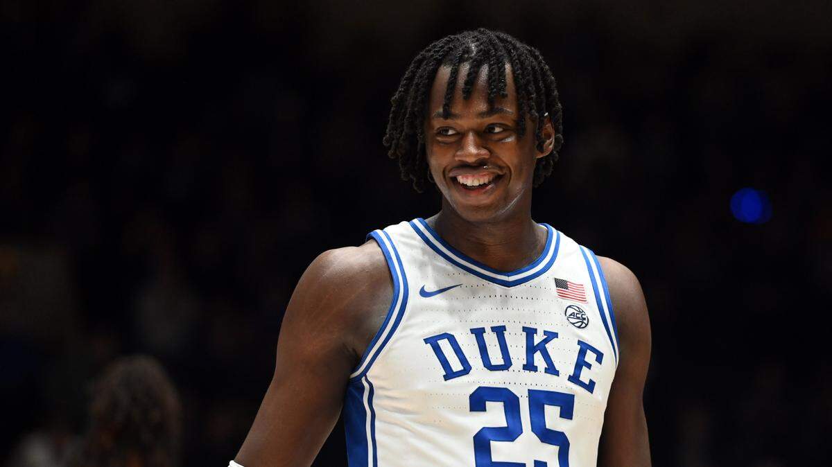 Duke Blue Devils forward Mark Mitchell (25) reacts after defeating the Syracuse Orange at Cameron Indoor Stadium on Jan. 2, 2024.