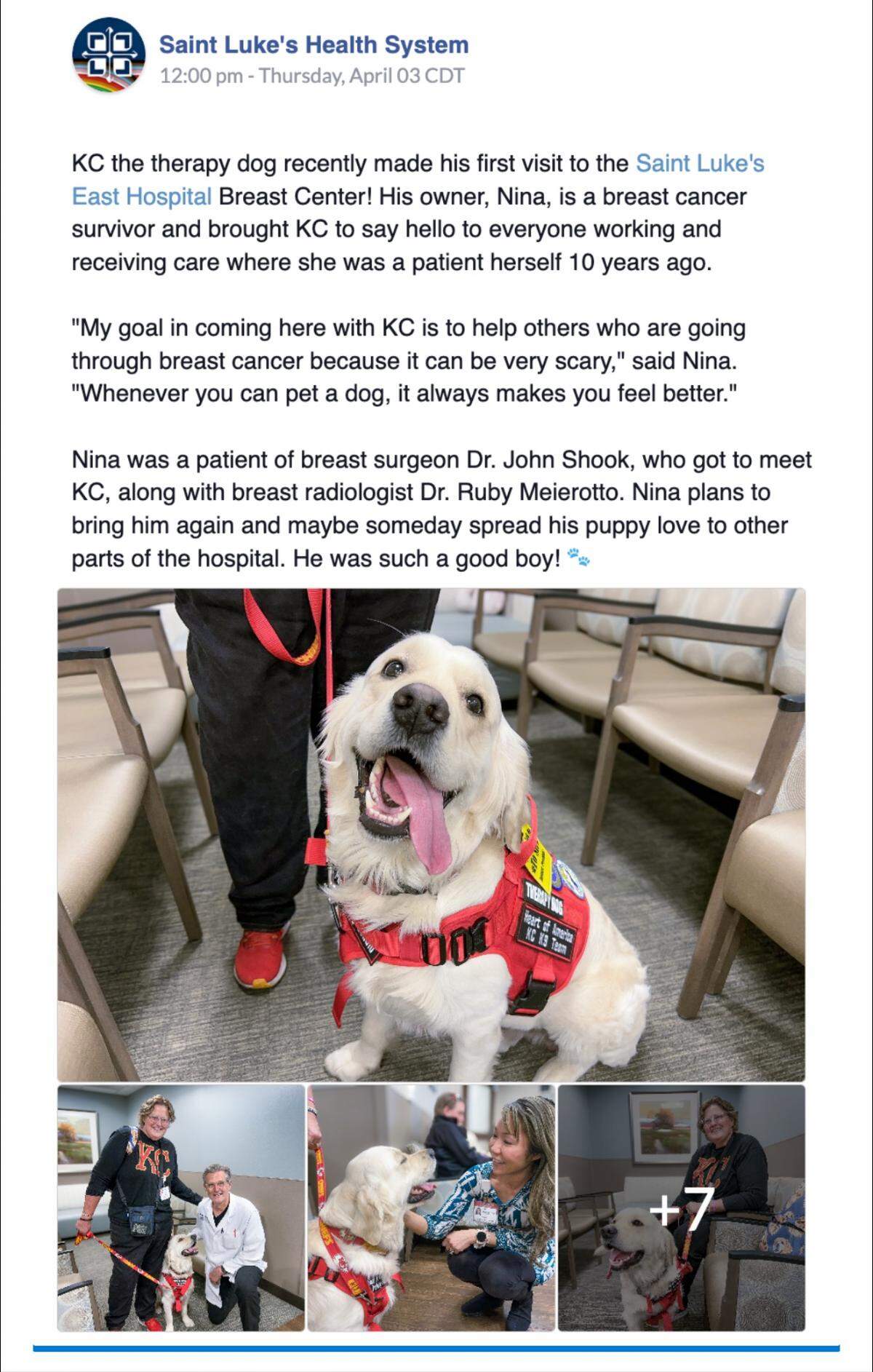 A screenshot of a Facebook post touting Nina Noe and KC’s impact at the cancer center.