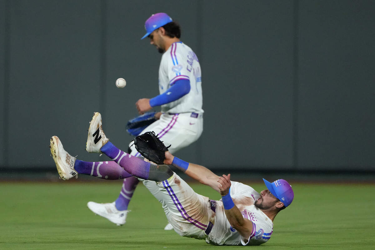 Royals centerfielder Kameron Misner misplays a ball hit by Houston’s Taylor Trammell during the seventh inning of a game at Kauffman Stadium in Kansas City on Friday, June 12, 2026.