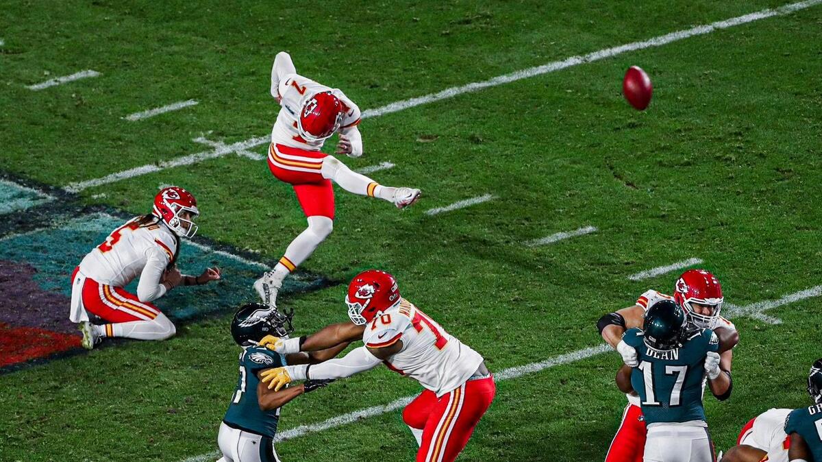 Kansas City Chiefs place kicker Harrison Butker kicks the game-winning field goal in the final seconds of the game against the Philadelphia Eagles during Super Bowl LVII, Sunday, Feb. 12, 2023, in Glendale, Ariz.