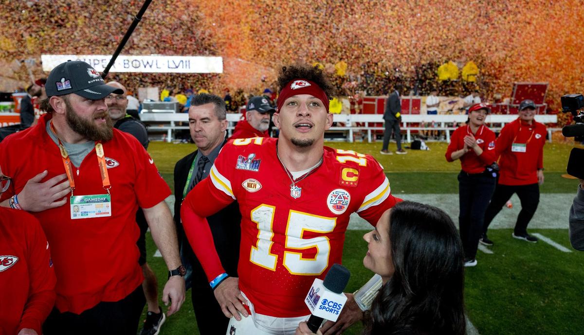 Kansas City Chiefs quarterback Patrick Mahomes (15) relishes the moment after the Chiefs defeated the San Francisco 49ers in overtime 25-22 in Super Bowl LVIII on Sunday, Feb. 11, 2024, in Las Vegas.
