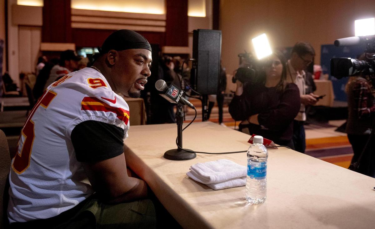 Kansas City Chiefs defensive tackle Chris Jones speaks during the team’s media availability on Thursday, Feb. 9, 2023, in Scottsdale, Ariz.