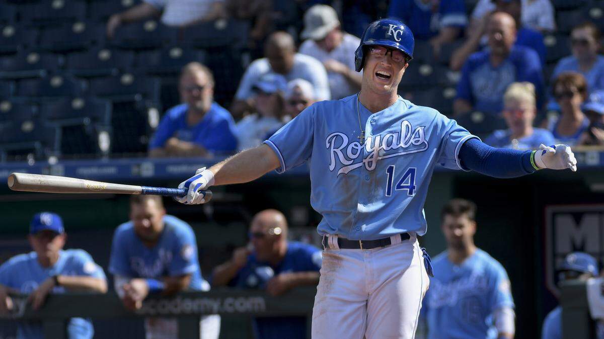 Brett Phillips reacts after a called strike during the sixth inning of the Royals’ loss to the Twins on Sunday.