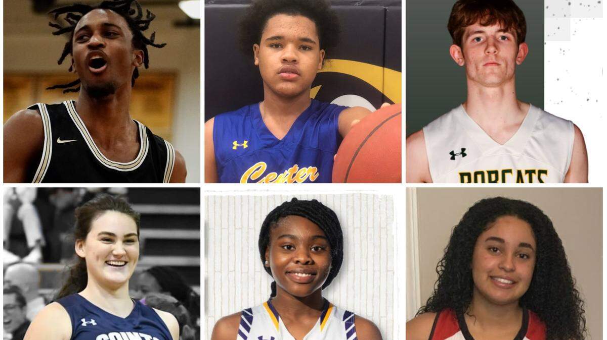 The 2022 DiRenna All-Star Games, set for Friday, April 8 at Shawnee Mission South High School, will feature some of the top talent in Kansas City prep basketball, including, clockwise from top left: Blue Valley’s Aidan Shaw; Center’s Kortez Stevenson; Basehor-Linwood’s Trevor McBride; Park Hill’s Amaya Blake; Raytown South’s Ja’Cole Johnson; and St. Thomas Aquinas’ Beatrice Culliton.