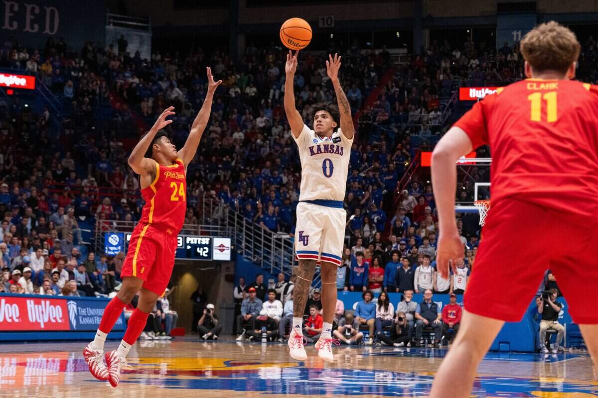 Kansas Jayhawks guard Taylen Kinney shoots the ball in the Jayhawks exhibition game vs. Pittsburg State Gorillas, on Friday, October 16, 2026, at Allen Fieldhouse. The exhibition game, a first for Late Night in the Phog, replaces the normal format of variety show style sketches and a team scrimmage.