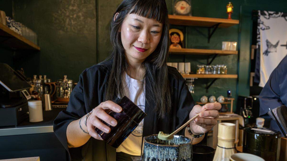 Saranya Hubbard, co-owner of Moon Bar KC, prepares a matcha on Tuesday, Dec. 16, 2025, in Kansas City.