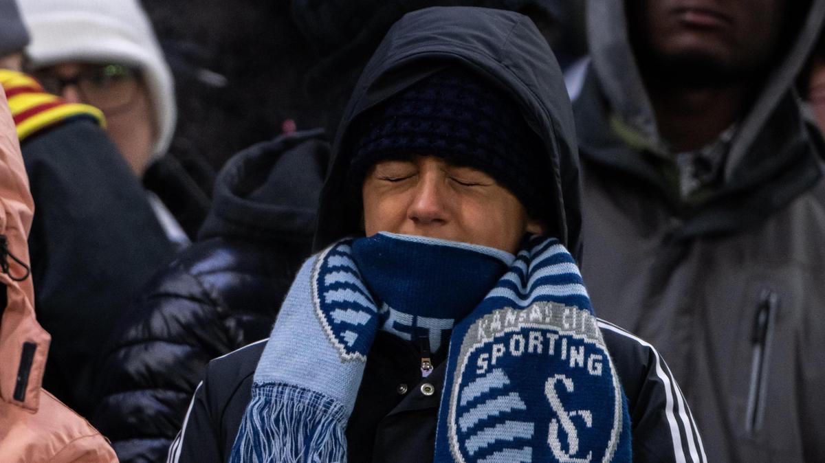 A Sporting KC fan winces from the cold at the Concacaf Champions Cup match vs. Inter Miami on Wednesday, Feb. 19, 2025, at Children’s Mercy Park. The temperatures were in the single digits for the match, finishing around 2 degrees.