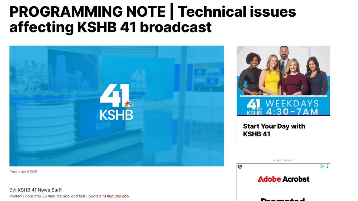 KSHB said a power outage and technical difficulties disrupted its local broadcast Thursday morning.