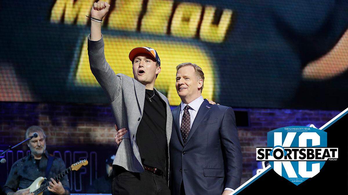 Missouri quarterback Drew Lock poses with NFL Commissioner Roger Goodell after the Denver Broncos selected Lock in the second round of the NFL football draft, Friday, April 26, 2019, in Nashville, Tenn. (AP Photo/Mark Humphrey)