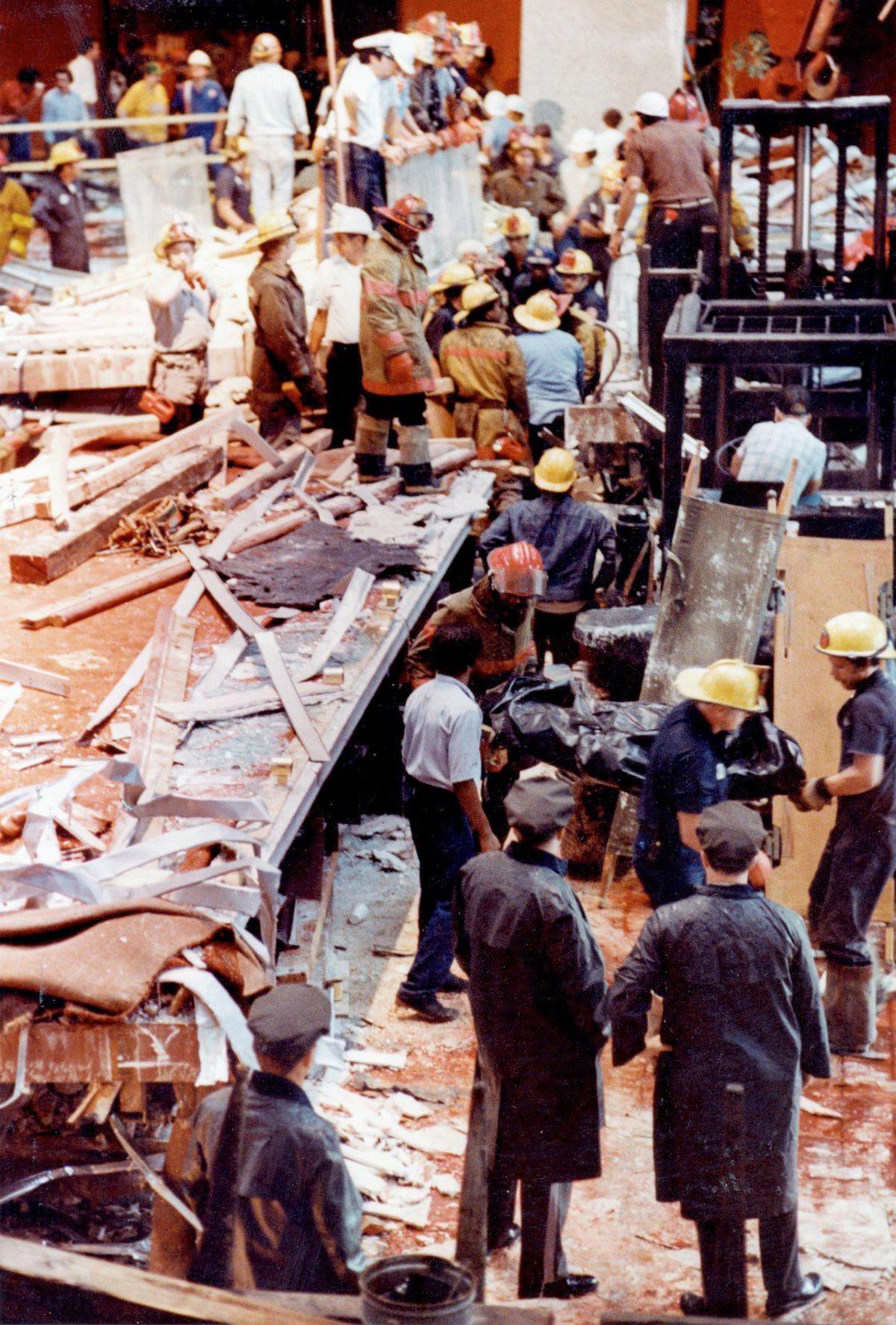 Rescuers spent all night removing wreckage to save victims at the Hyatt. Nevertheless, 114 died.