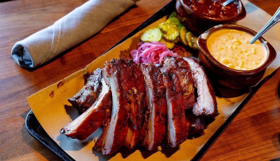 A slab of baby back ribs at Jack Stack Barbecue’s Freight House location.