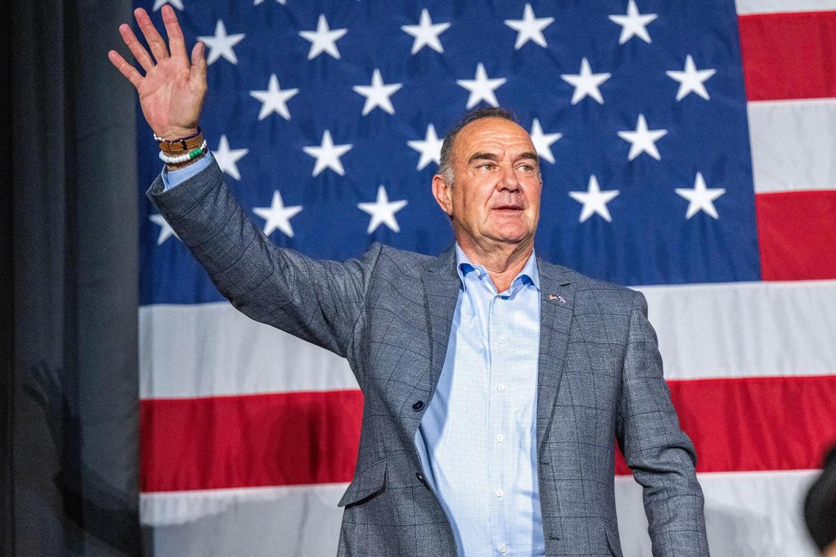 Mike Kehoe greets supporters as he walks on stage at his watch party hosted at Capital Bluffs Event Center after being declared the winner in the governor’s race against Crystal Quade on Tuesday, Nov. 5, 2024, in Jefferson City.
