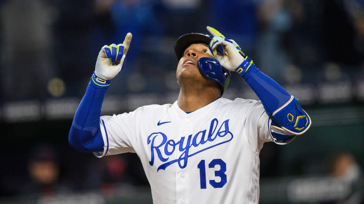 Kansas City Royals Salvador Perez celebrates after hitting a home run to give the Royals a lead over the Cleveland Indians during the fifth inning of a baseball game Tuesday, May 4, 2021, in Kansas City, Mo. (AP Photo/Reed Hoffmann)