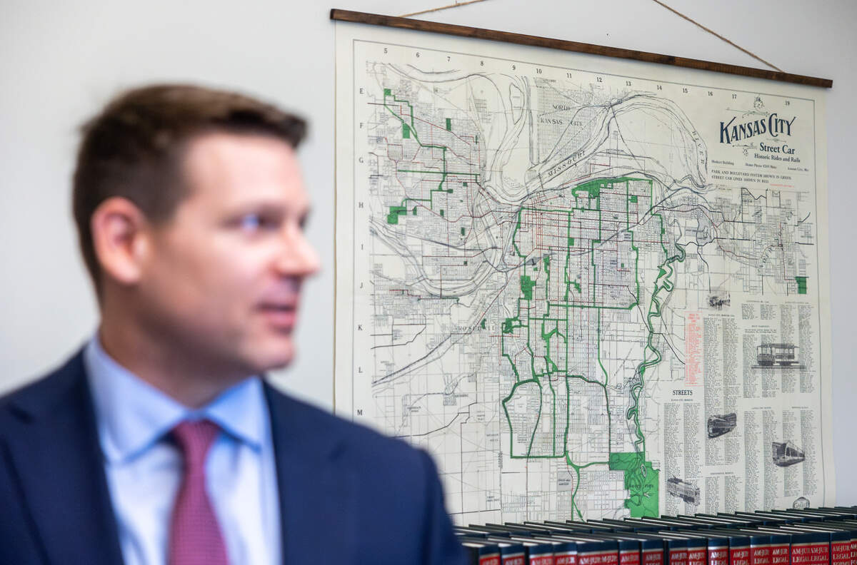 A map showing routes throughout Kansas City hangs in the Jackson County Law Library’s downtown Kansas City location. The space will close down as its lease expires at the end of May.