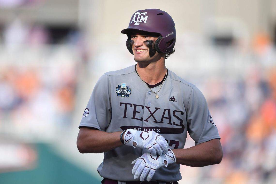 Texas A&M’s Jace LaViolette (17) smiles during game three of the NCAA College World Series finals between Tennessee and Texas A&M at Charles Schwab Field in Omaha, Neb., on Monday, June 24, 2024.