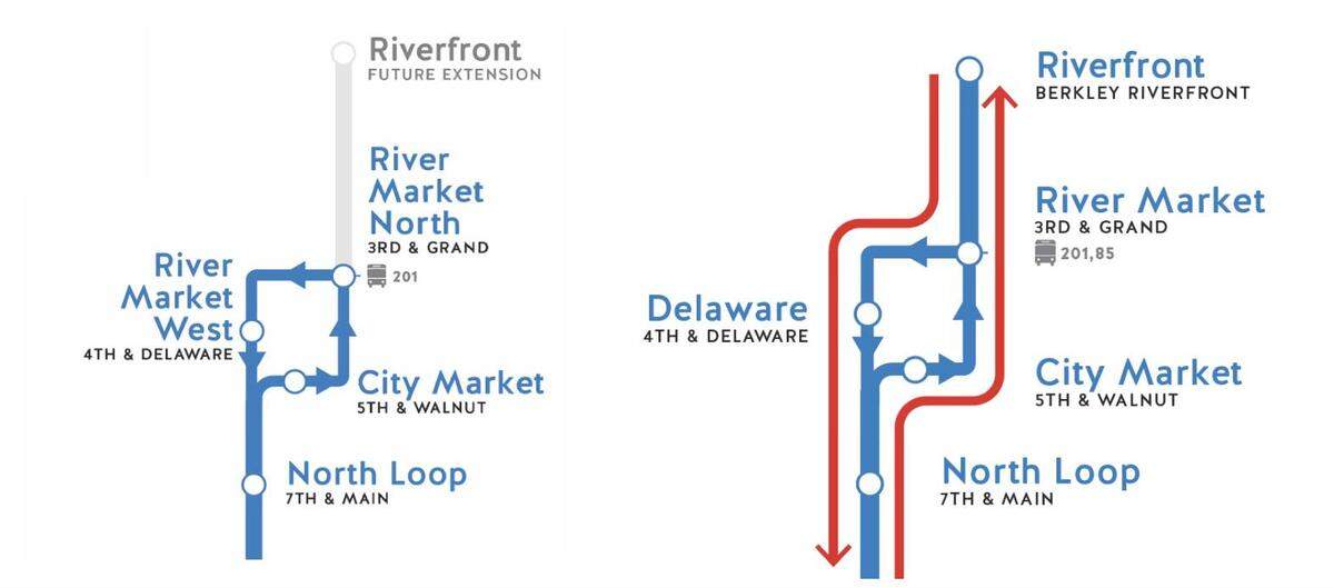 This graphic shows changes to the route after the Riverfront extension opens. The image was posted on the Kansas City Streetcar Authority Facebook on May 11, 2026.