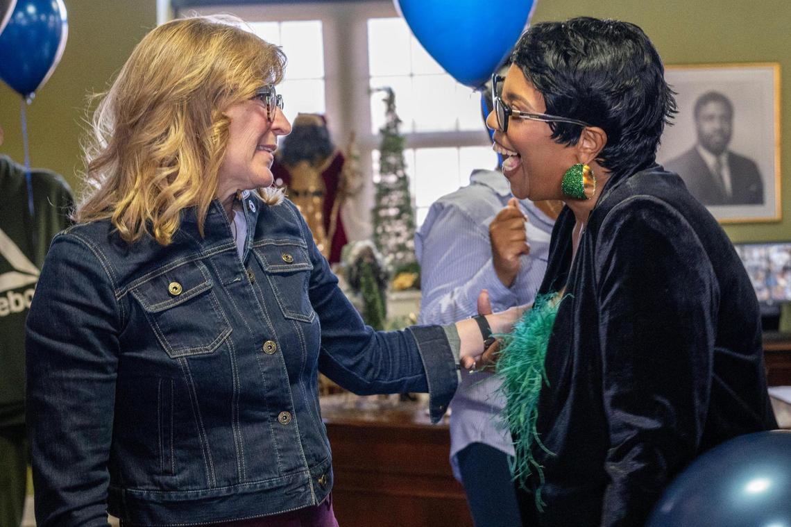 Jean Peters Baker, Jackson County Prosecutor, left, speaks with Laurie Bey, mother of Cameron Lamb, during a ceremony commemorating the 5th anniversary of Lamb’s death hosted at the Black Archives of Mid-America on Tuesday, Dec. 3, 2024, in Kansas City.