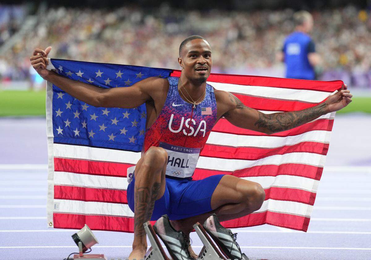 Quincy Hall (USA) celebrates winning the men’s 400m final during the Paris 2024 Olympic Summer Games at Stade de France on Aug. 7, 2024.