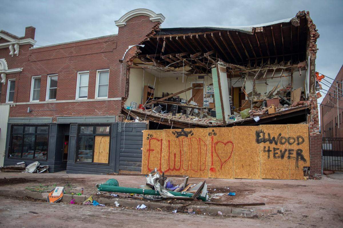 A partially collapsed building was seen Dec. 17, 2021, two days after a fire truck slammed into a car and then into the building at 4048 Broadway Blvd., in Westport. Two people in the car and one pedestrian were killed in the wreck. 