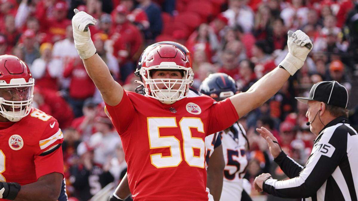 Kansas City Chiefs defensive end George Karlaftis (56) celebrates after a sack against the Denver Broncos during the first half at GEHA Field at Arrowhead Stadium on January 1, 2023.