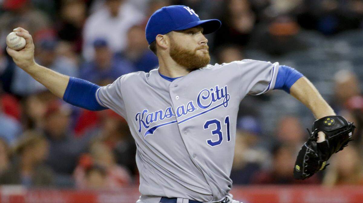 Kansas City Royals starting pitcher Ian Kennedy throws during the first inning of a baseball game against the Los Angeles Angels in Anaheim, Calif., Monday, April 25, 2016. 