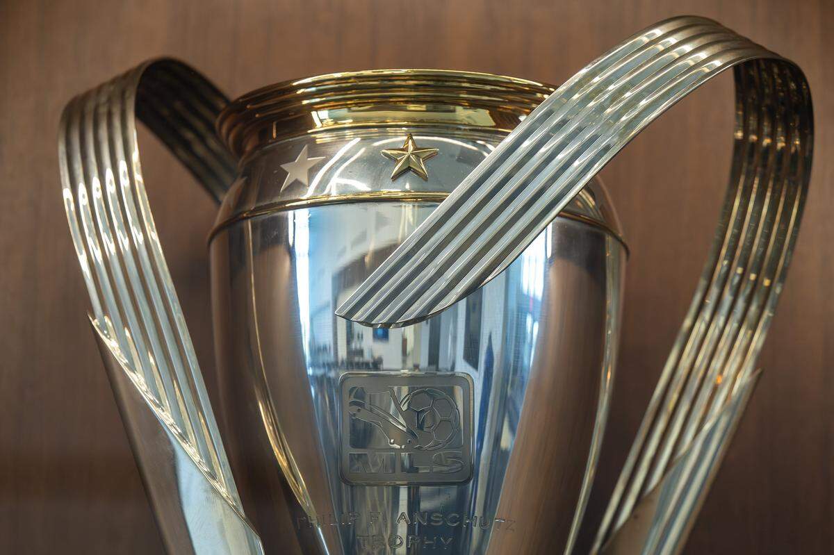 The MLS Cup trophy is displayed at the Compass Minerals National Performance Center on Tuesday, Jan. 6, 2026, in Kansas City, Kansas.